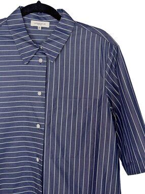 Lafayette 148 100% Cotton Blue & White Striped Drop Waist Shirt Dress - Size M